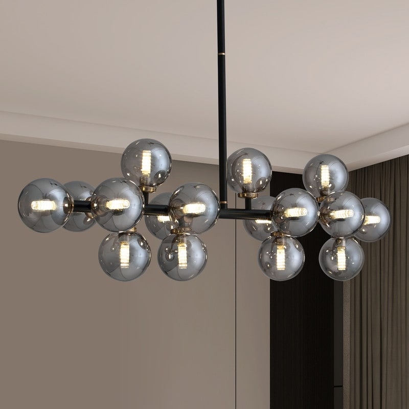 Lustre linéaire moderne du milieu du siècle de 101,6 cm (40 po), suspension Sputnik en laiton doré à 16 lumières avec globe en verre dépoli pour salle à manger