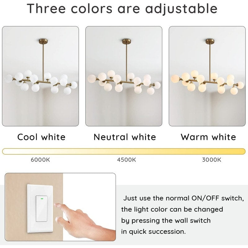 Lustre linéaire moderne du milieu du siècle de 101,6 cm (40 po), suspension Sputnik en laiton doré à 16 lumières avec globe en verre dépoli pour salle à manger