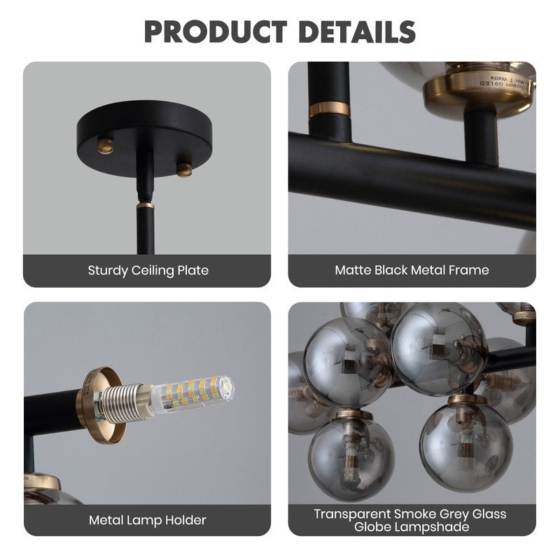 Lustre linéaire moderne du milieu du siècle de 101,6 cm (40 po), suspension Sputnik en laiton doré à 16 lumières avec globe en verre dépoli pour salle à manger