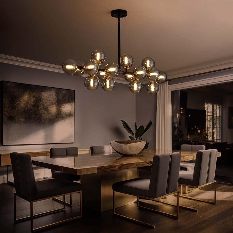 Lustre linéaire moderne du milieu du siècle de 101,6 cm (40 po), suspension Sputnik en laiton doré à 16 lumières avec globe en verre dépoli pour salle à manger