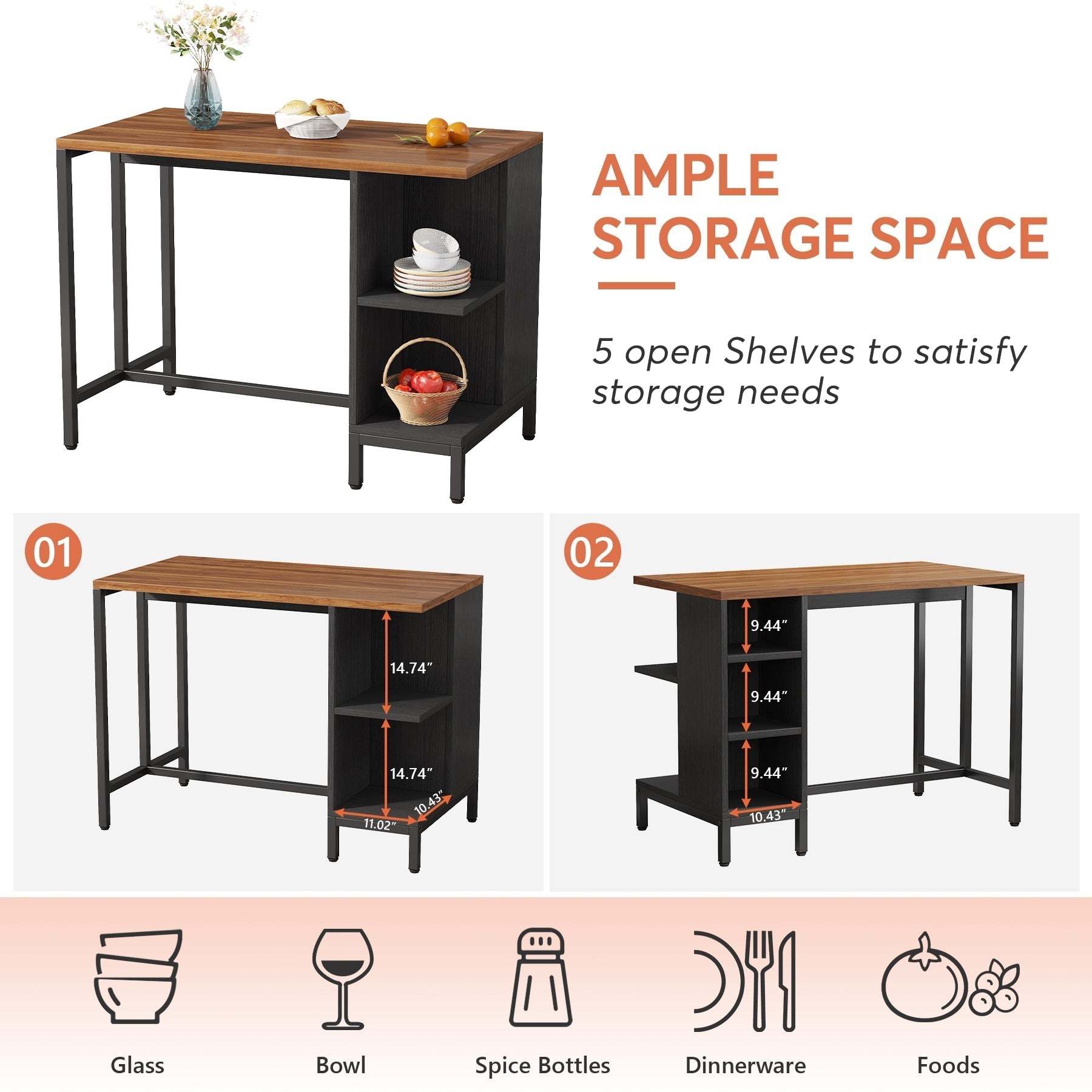 Îlot de cuisine de 43 pouces de large, table de comptoir de cuisine avec 5 étagères ouvertes