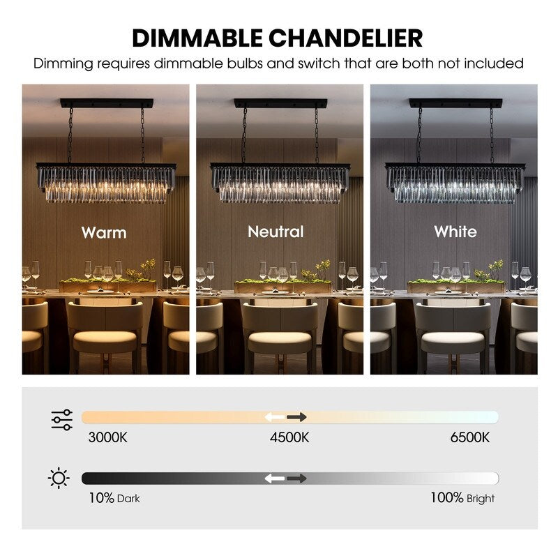 Lustre moderne contemporain en cristal gris fumé et noir à deux niveaux, suspension linéaire pour îlot de cuisine ou salle à manger, 119 cm (47 po).