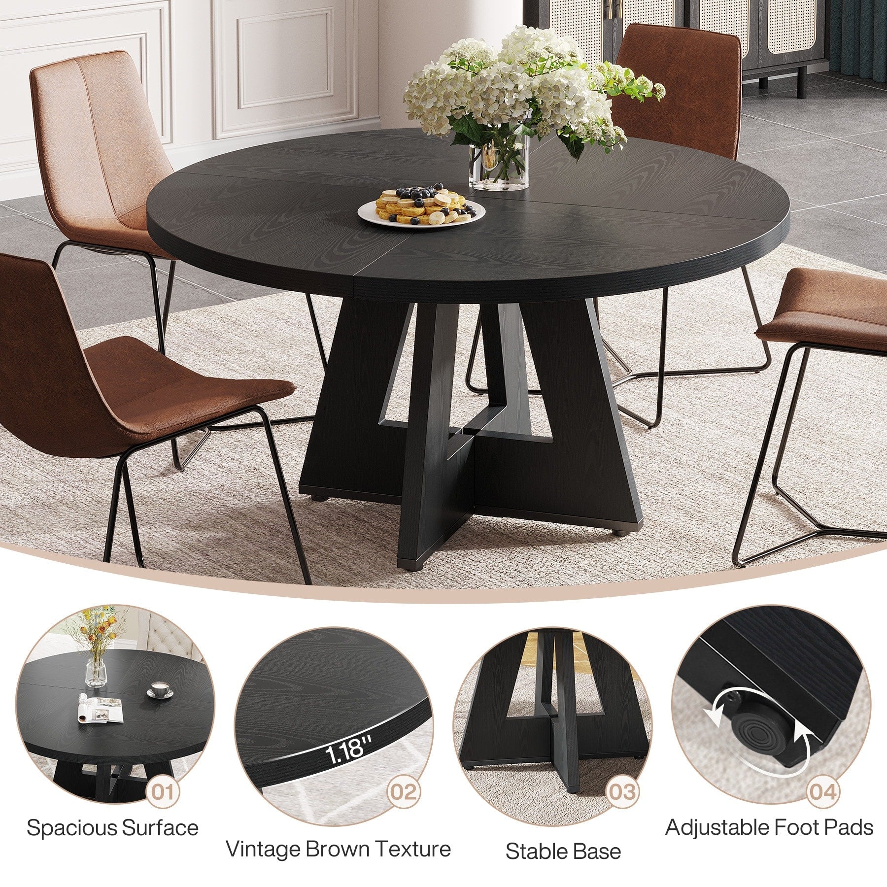 Table de salle à manger ronde de 47 pouces pour 4 personnes, table de cuisine de style campagnard, petite table à manger en bois pour salle à manger ou salon