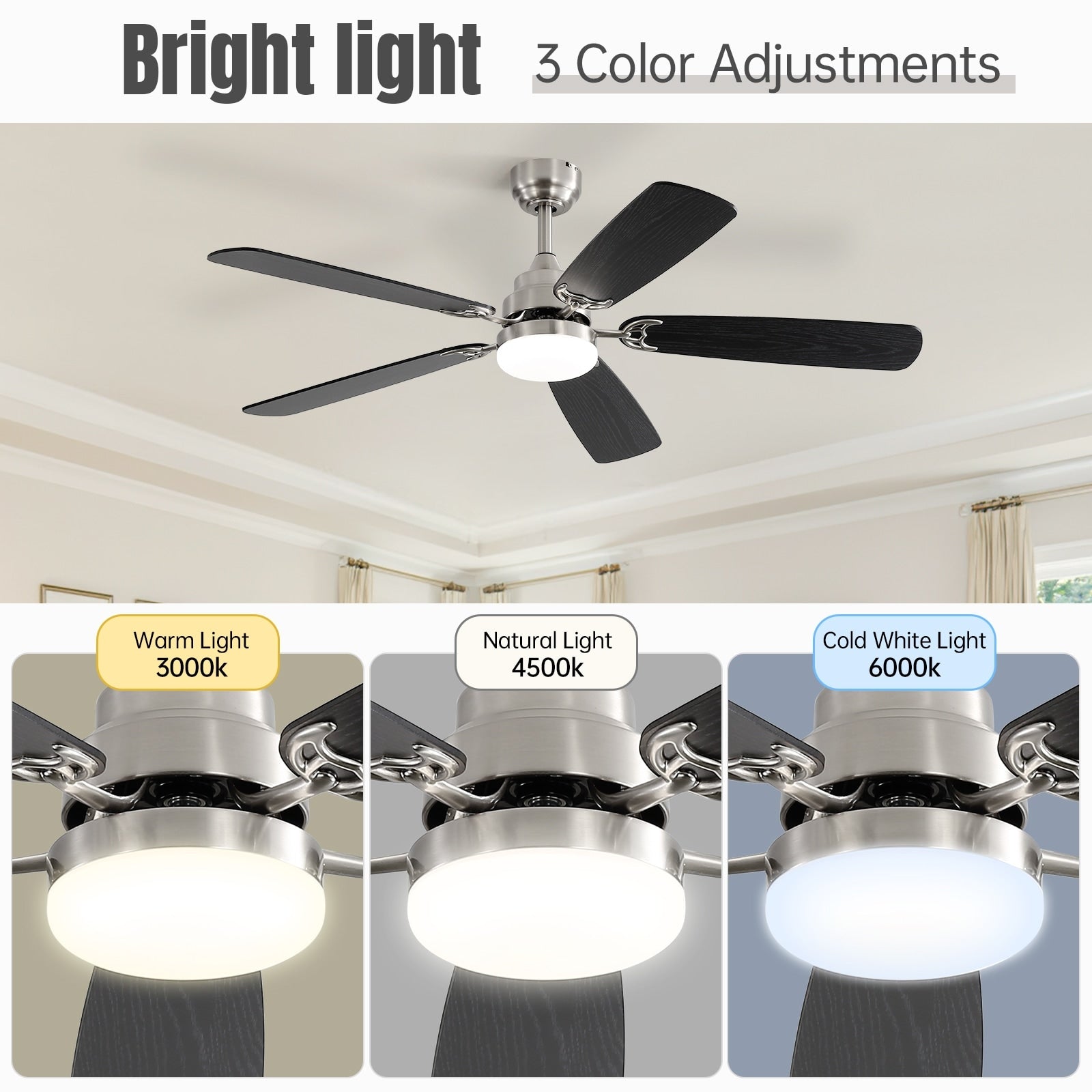 Ventilateur de plafond LED intégré 48 et 52 pouces avec éclairage et télécommande, moteur CC réversible