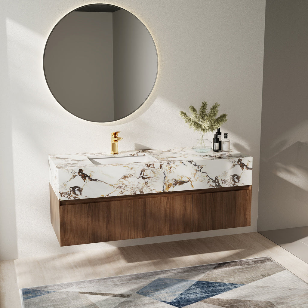 Meuble-lavabo simple moderne de 122 cm (48 po), avec comptoir en faux marbre brillant et structure en bois massif.