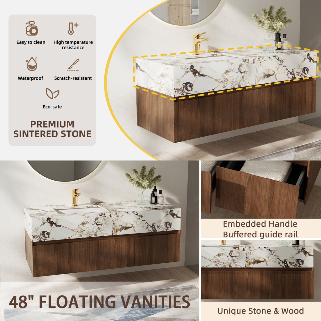 Meuble-lavabo simple moderne de 122 cm (48 po), avec comptoir en faux marbre brillant et structure en bois massif.
