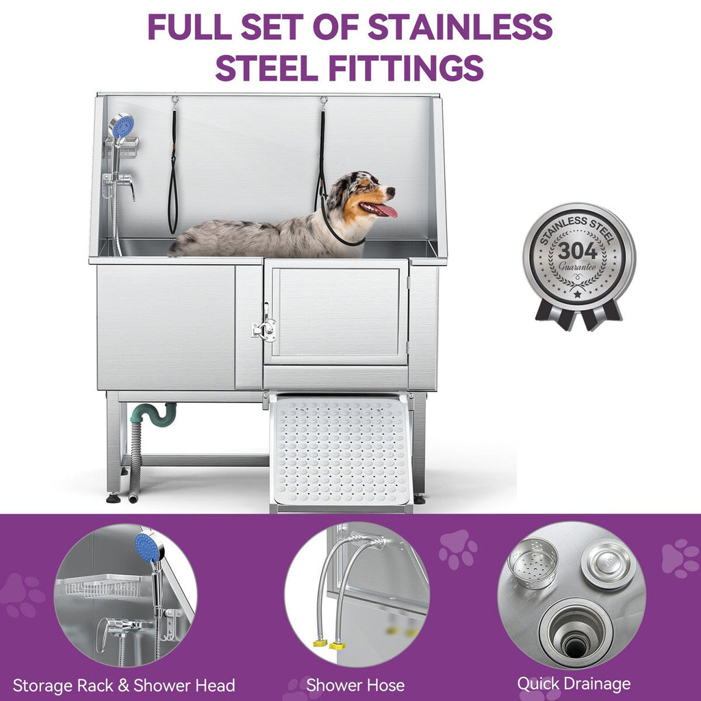 Baignoire de toilettage réglable en acier inoxydable de 127 cm (50 po) de largeur avec rampe - Argent