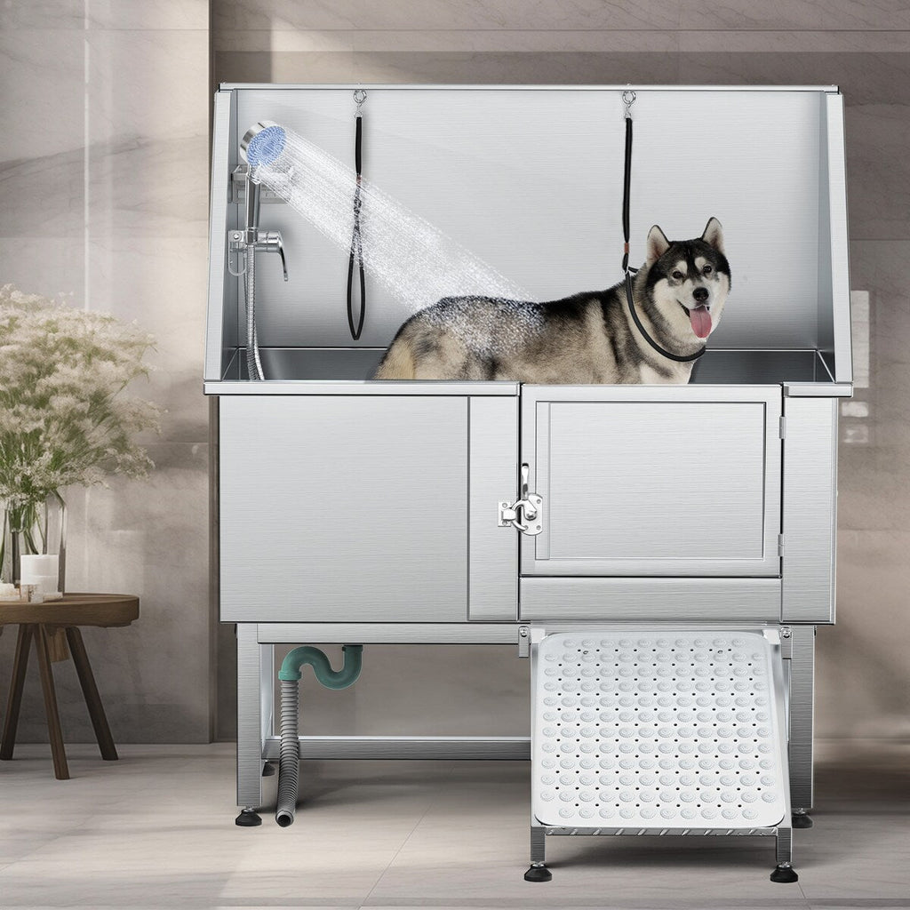 Baignoire de toilettage réglable en acier inoxydable de 127 cm (50 po) de largeur avec rampe - Argent