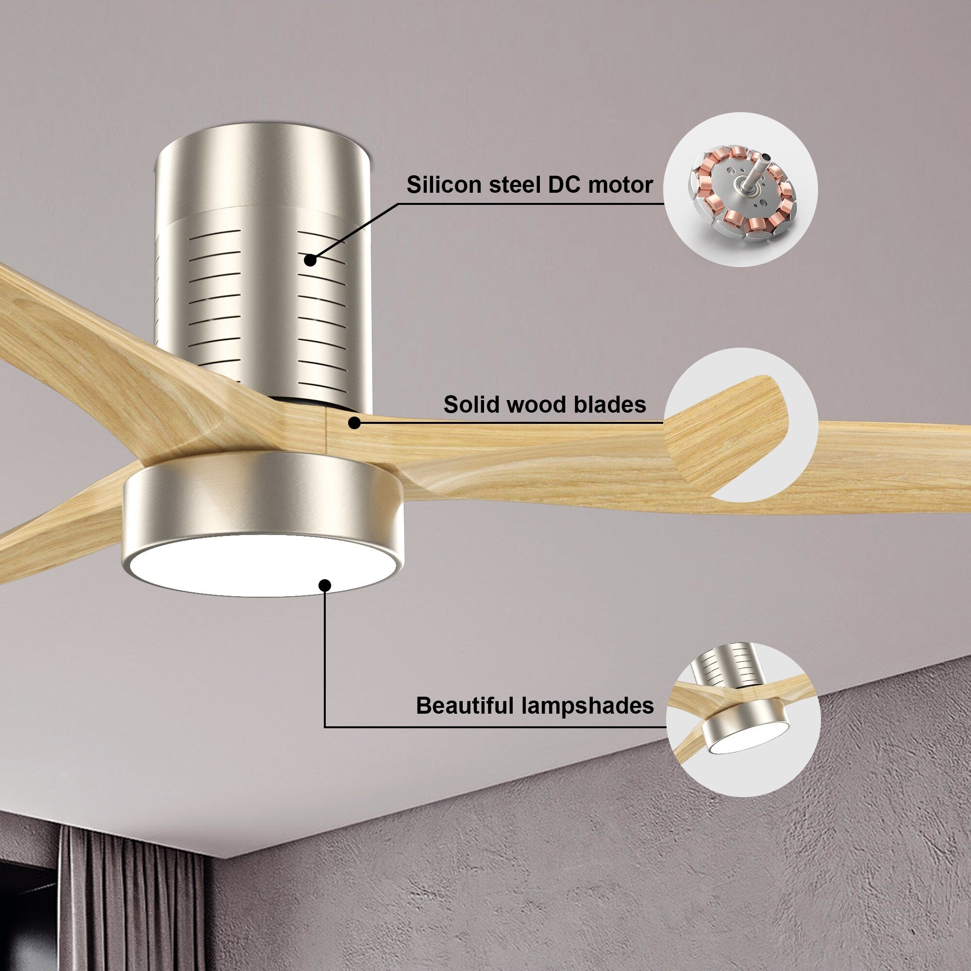 Ventilateur de plafond encastré de style campagnard de 132 cm (52 ​​pouces) avec lumière et télécommande, moteur CC réversible