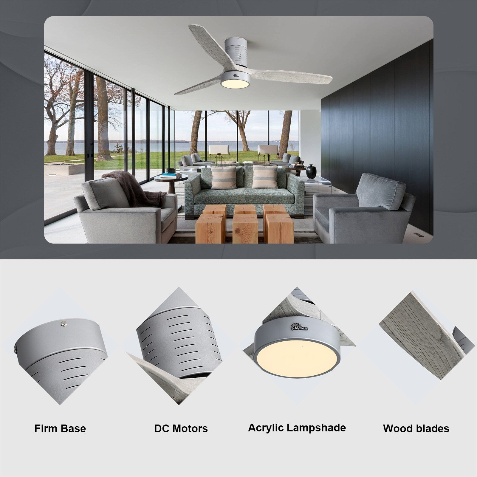 Ventilateur de plafond encastré de style campagnard de 132 cm (52 ​​pouces) avec lumière et télécommande, moteur CC réversible