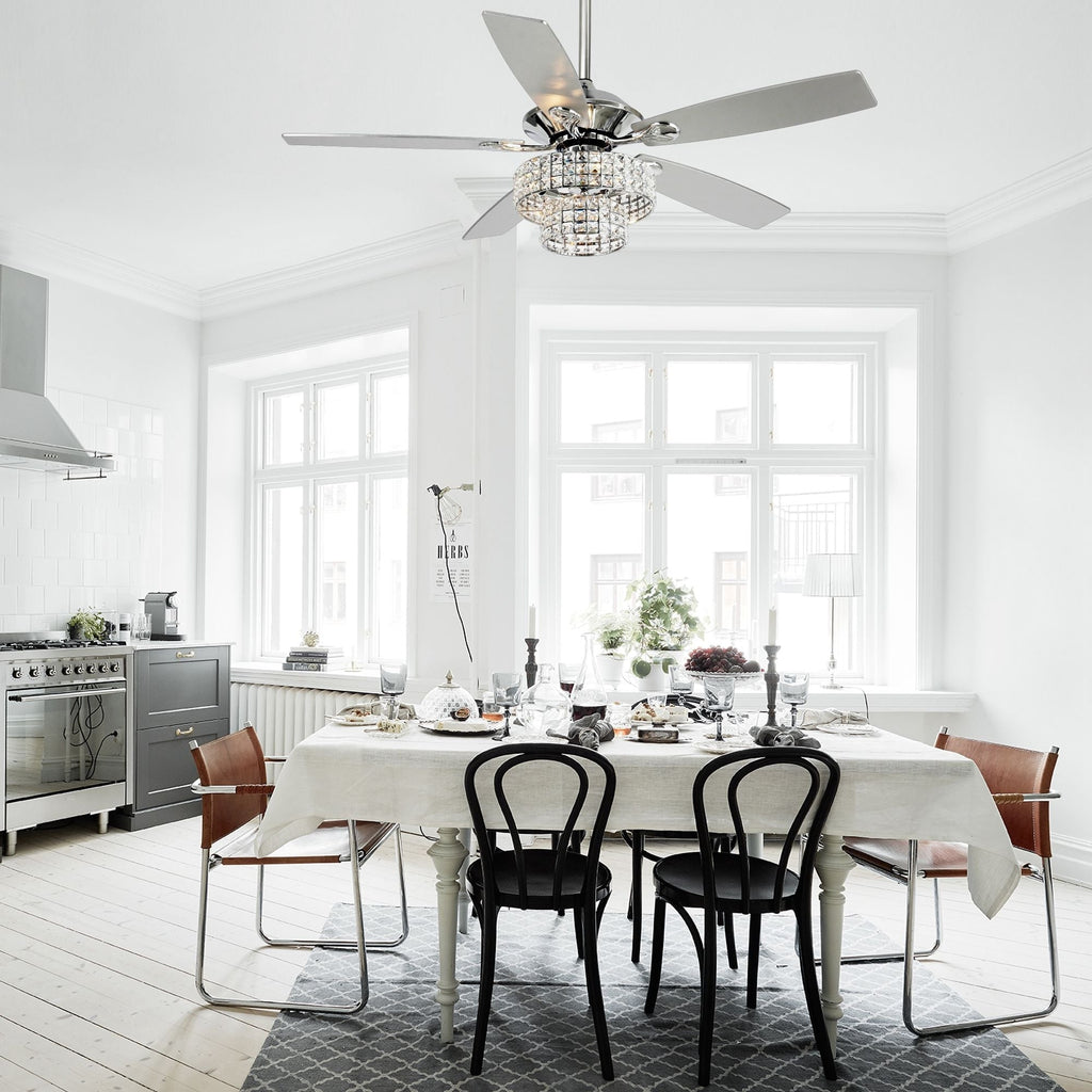 Ventilateur de plafond moderne en cristal à 5 ​​pales, 52 pouces, en bois chromé, avec télécommande