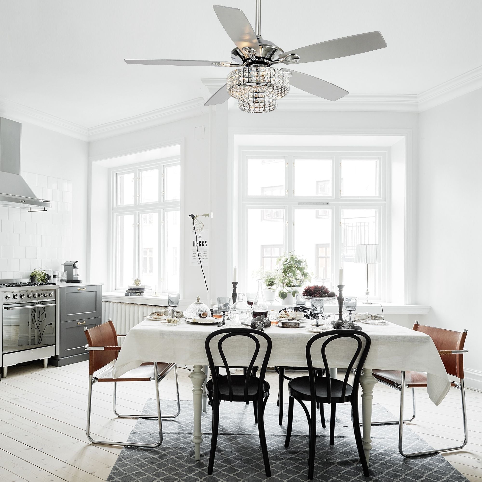 Ventilateur de plafond moderne en cristal à 5 ​​pales, 52 pouces, en bois chromé, avec télécommande