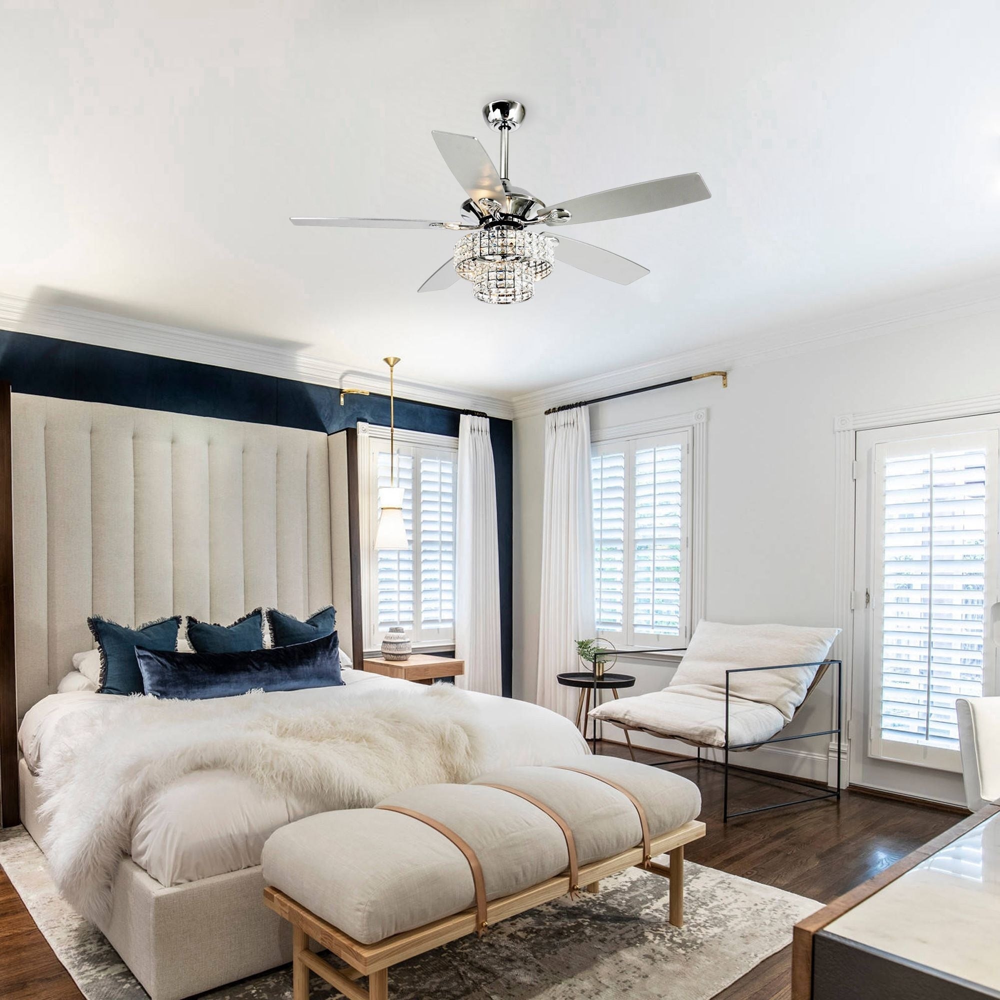 Ventilateur de plafond moderne en cristal à 5 ​​pales, 52 pouces, en bois chromé, avec télécommande