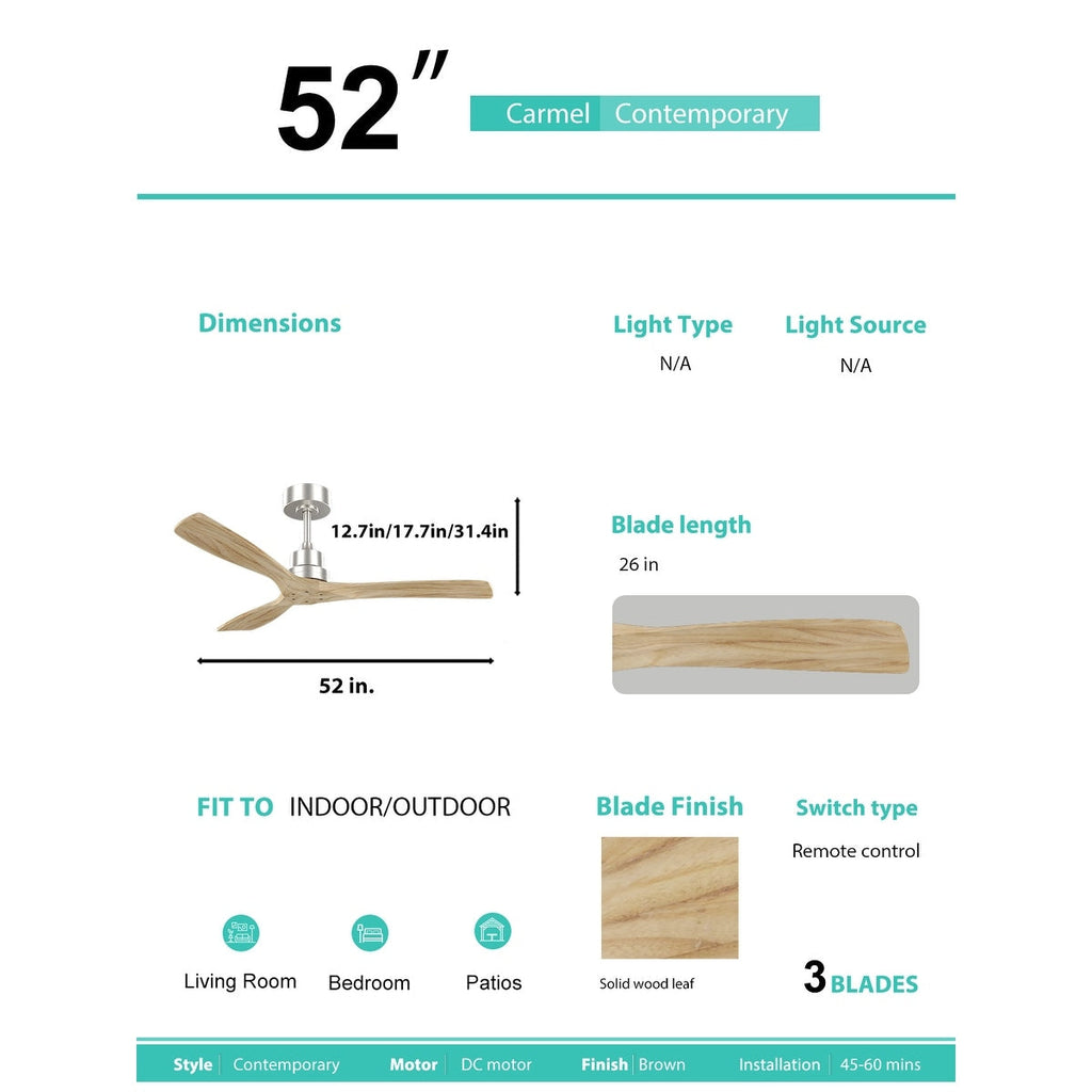 Ventilateur de plafond moderne de 132 cm (52 ​​pouces) en bois massif et ABS avec télécommande (sans éclairage), 6 vitesses de ventilation et flux d'air réversible.