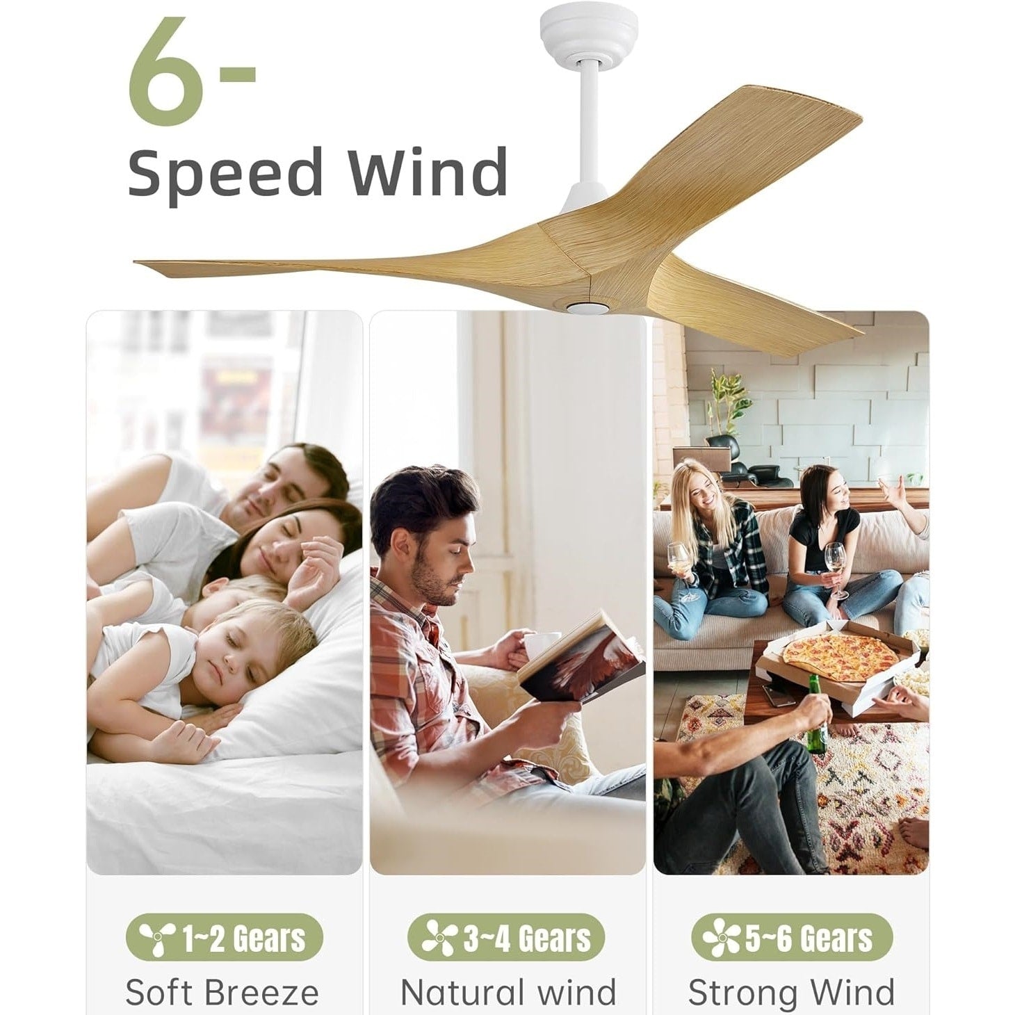 Ventilateur de plafond moderne de 132 cm (52 ​​pouces) en bois massif et ABS avec télécommande (sans éclairage), 6 vitesses de ventilation et flux d'air réversible.