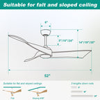 Ventilateur de plafond moderne de 132 cm (52 ​​pouces) en bois massif et ABS avec télécommande (sans éclairage), 6 vitesses de ventilation et flux d'air réversible.