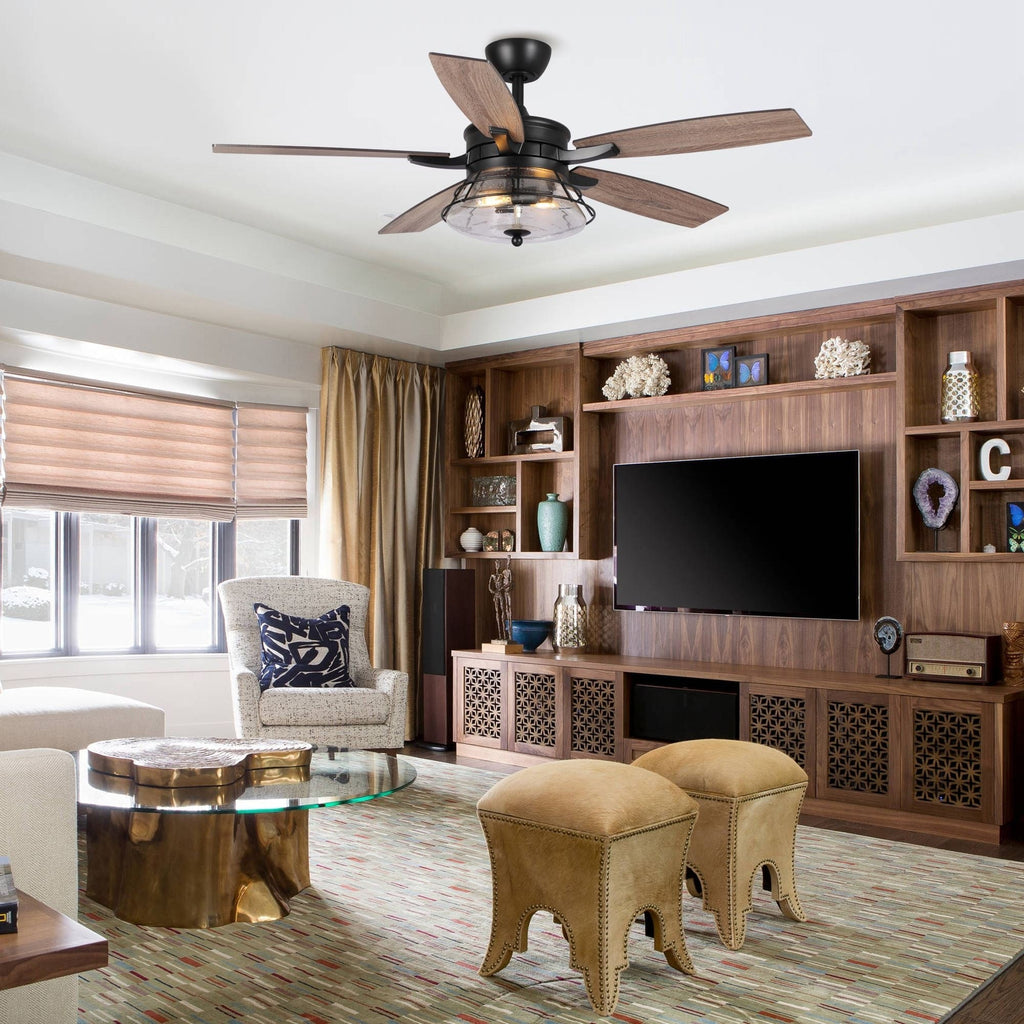 Ventilateur de plafond décoratif industriel en verre noir bullé de 52 pouces avec télécommande et kit d'éclairage