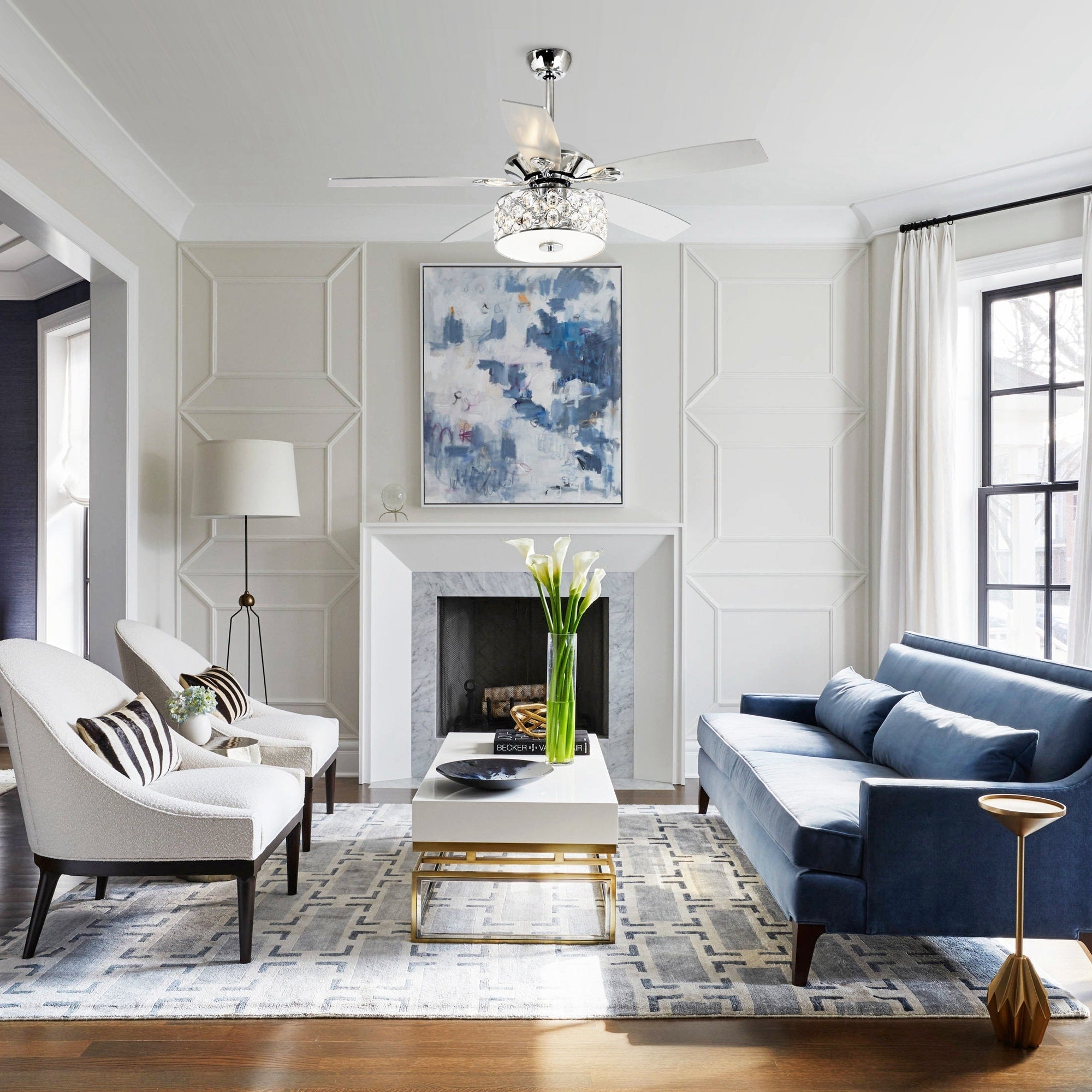 Lustre moderne à 4 lumières de 52 pouces avec ventilateur de plafond en cristal et télécommande