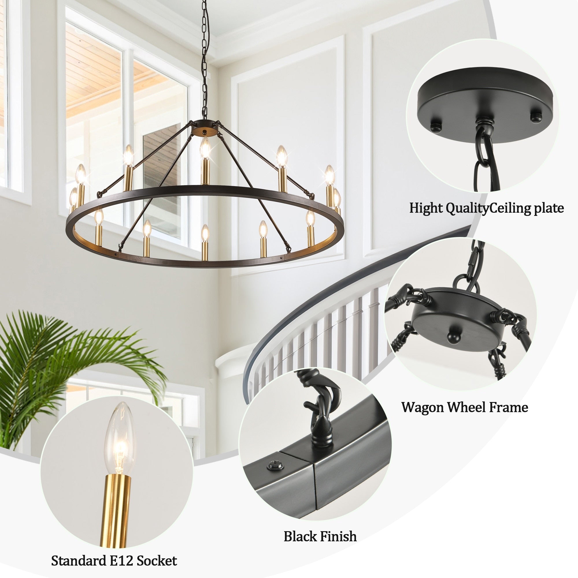 Lustre rond de 54 pouces en forme de roue de chariot avec 24 lumières