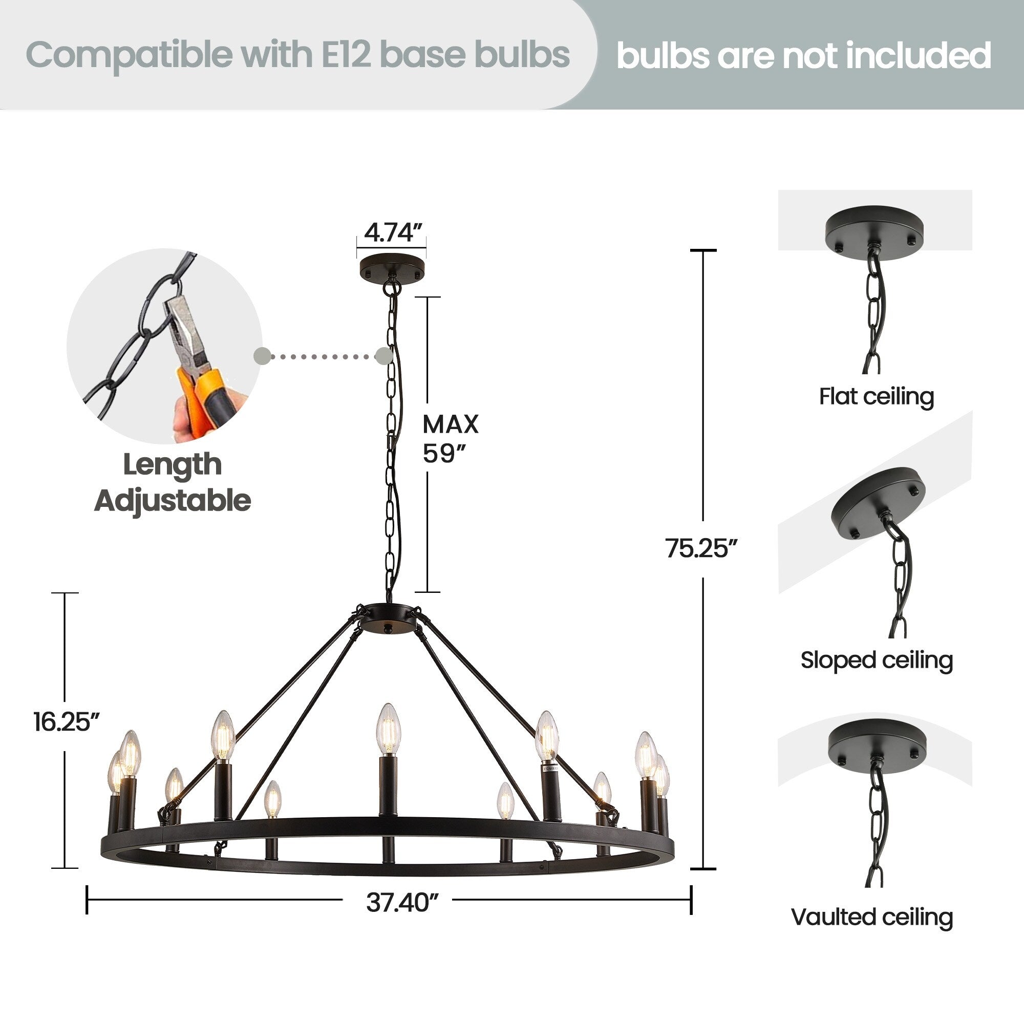 Lustre rond de 54 pouces en forme de roue de chariot avec 24 lumières