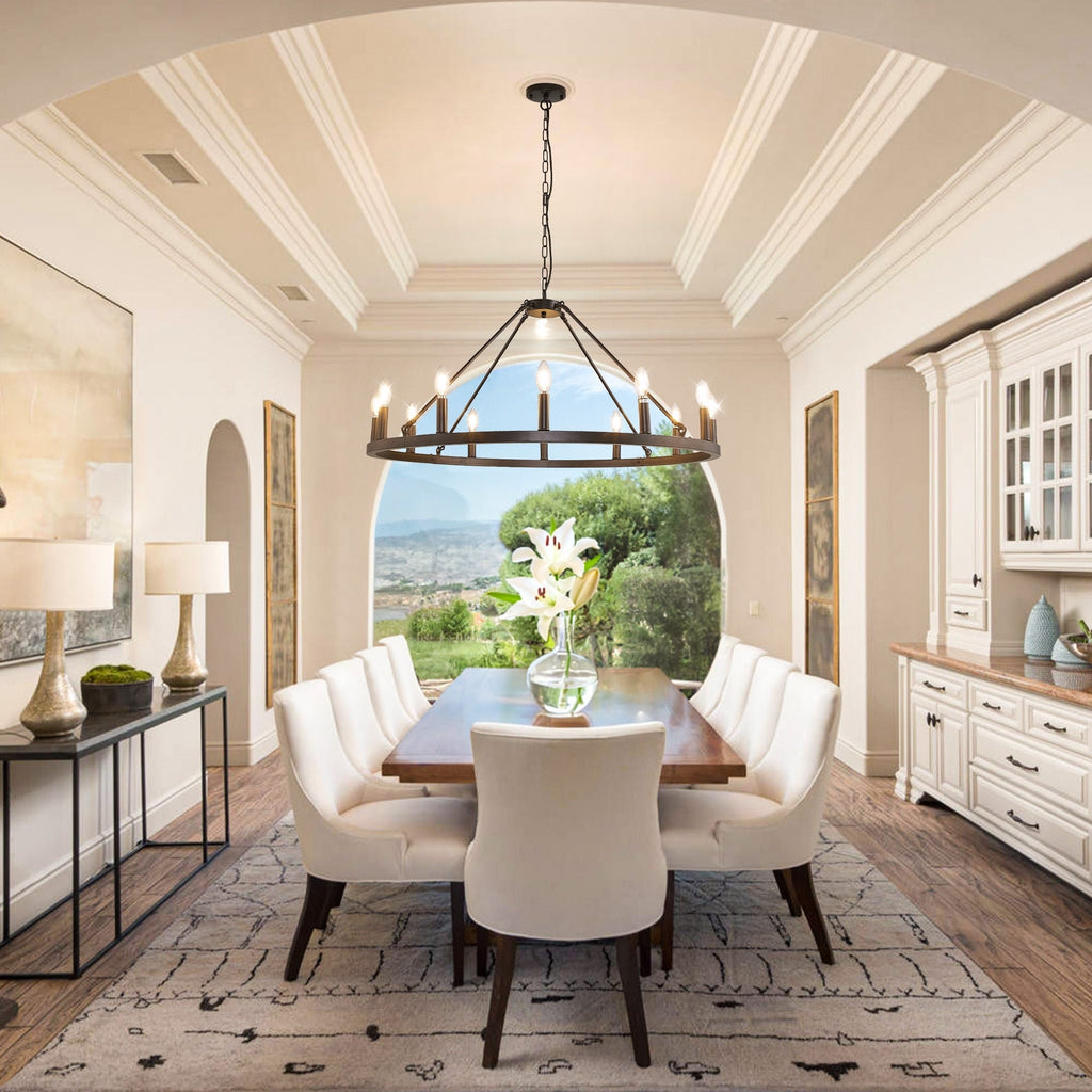 Lustre rond de 54 pouces en forme de roue de chariot avec 24 lumières