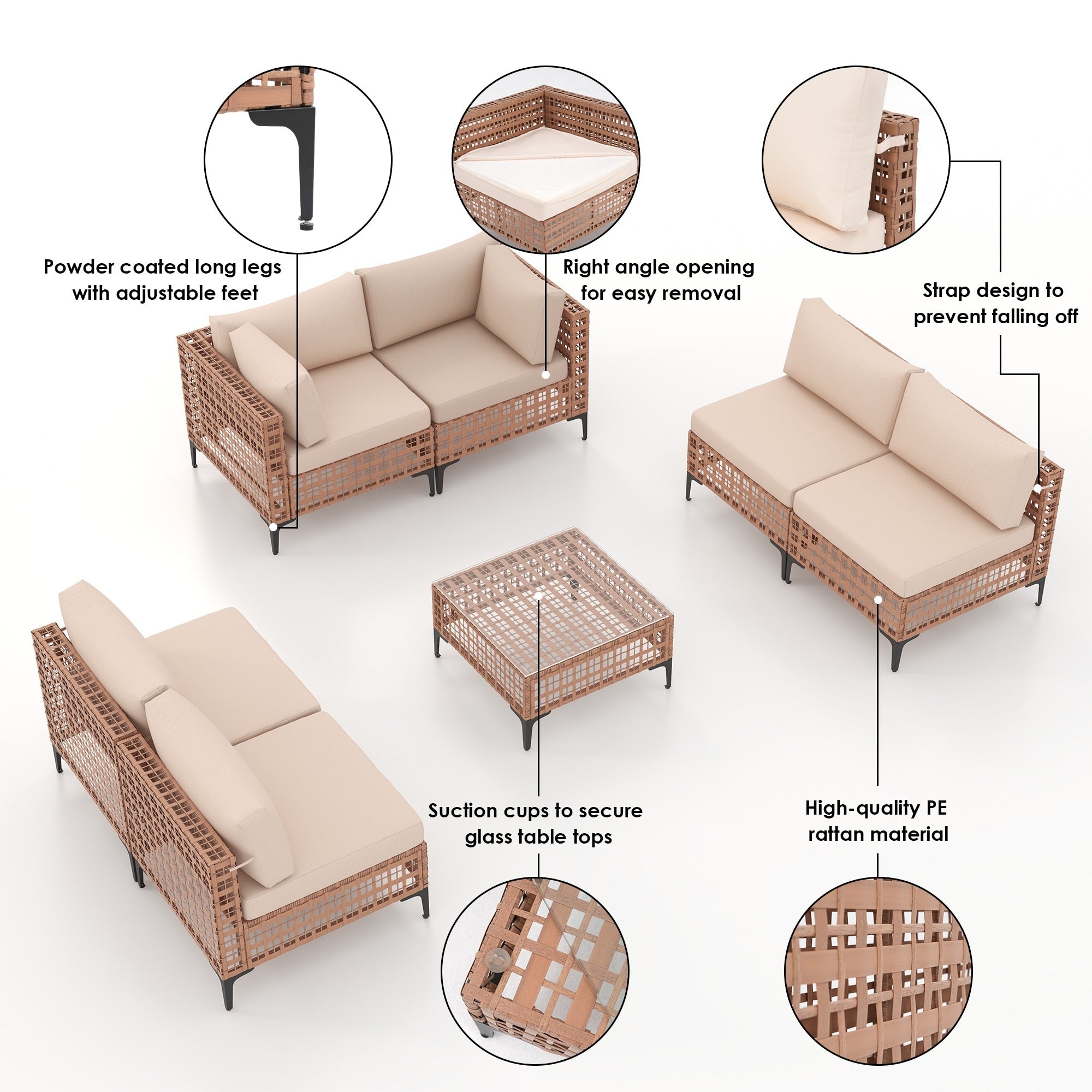 Ensemble de sièges d'extérieur modulables 6 personnes avec coussins