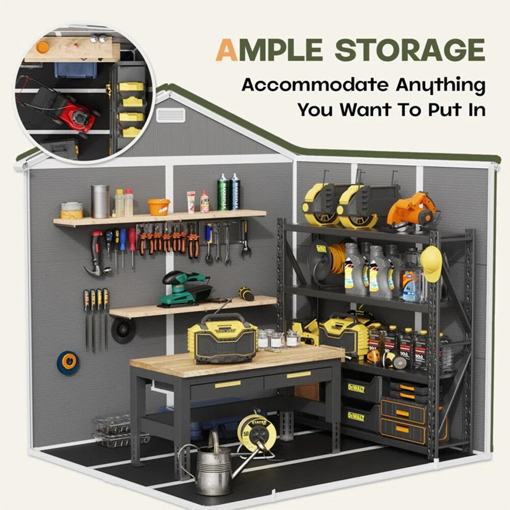 Abri de jardin en résine plastique tout temps avec plancher, dimensions : 1,83 m x 1,22 m / 1,83 m x 2,44 m / 2,44 m x 1,83 m / 2,44 m x 3,05 m.