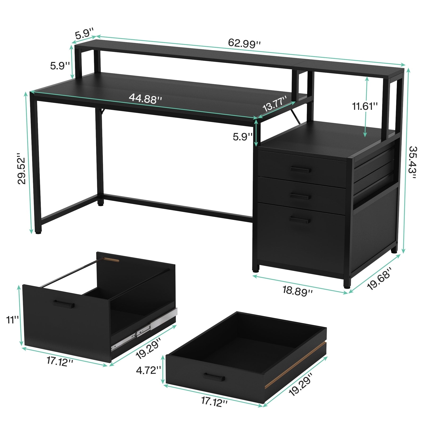 Bureau d'ordinateur 63 avec support pour écran, bureau ergonomique pour bureau à domicile avec tiroirs et classeur