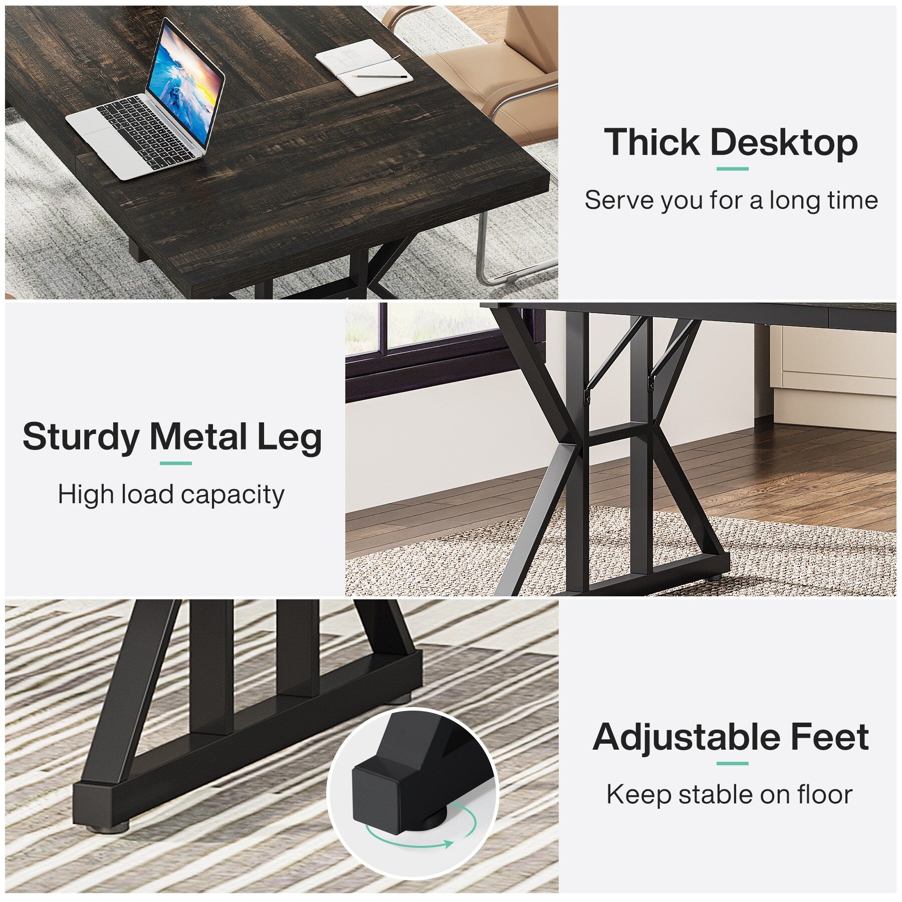 Bureau de direction de 70,8 pouces, grand bureau d'ordinateur, poste de travail