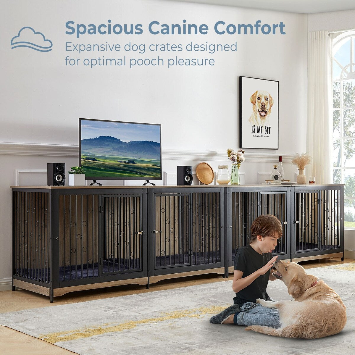 Meuble TV pour cage pour chien de grande race de 70,86 pouces avec coussin et double compartiment (coussin non inclus)