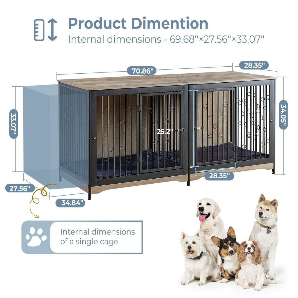 Meuble TV pour cage pour chien de grande race de 70,86 pouces avec coussin et double compartiment (coussin non inclus)