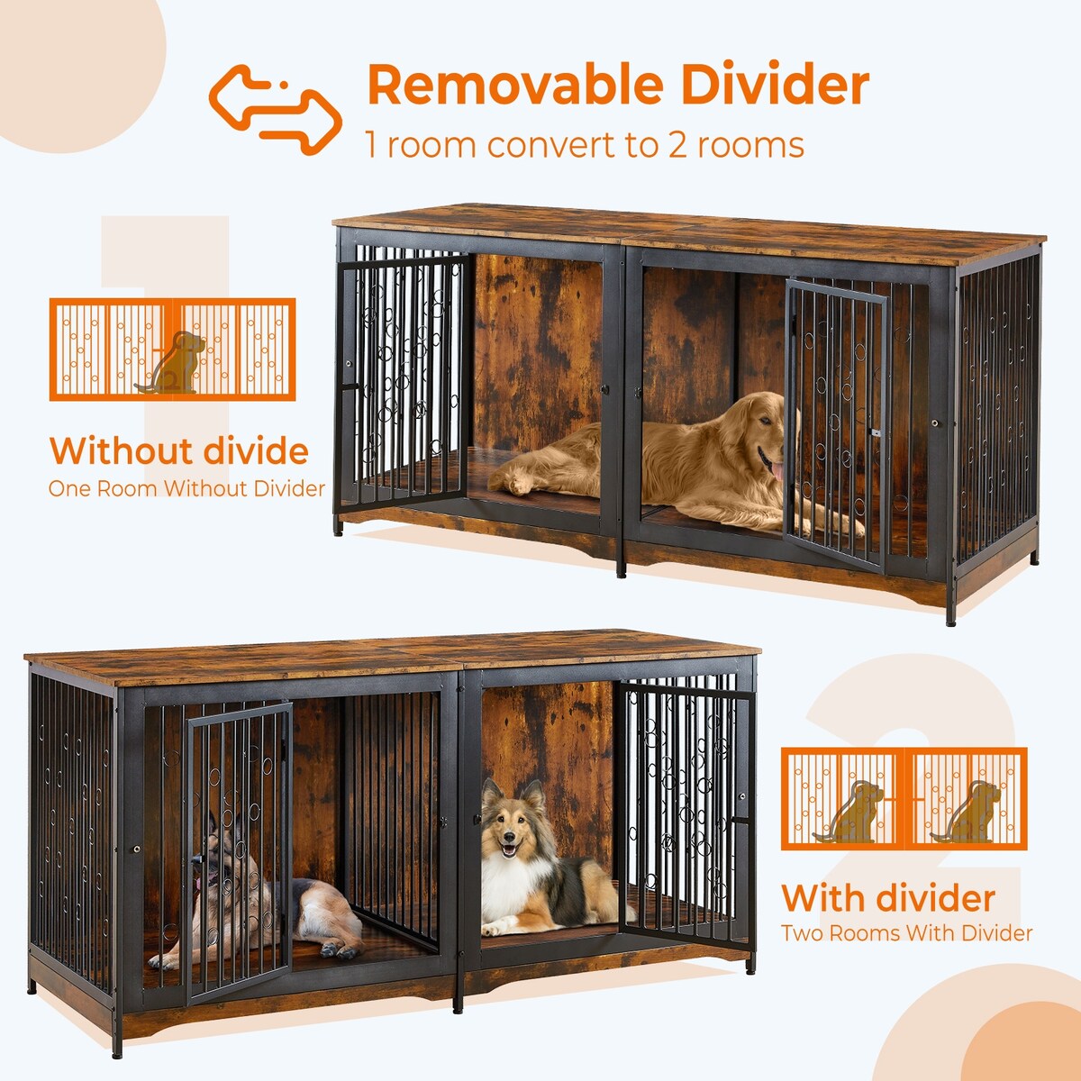 Meuble TV pour cage pour chien de grande race de 70,86 pouces avec coussin et double compartiment (coussin non inclus)
