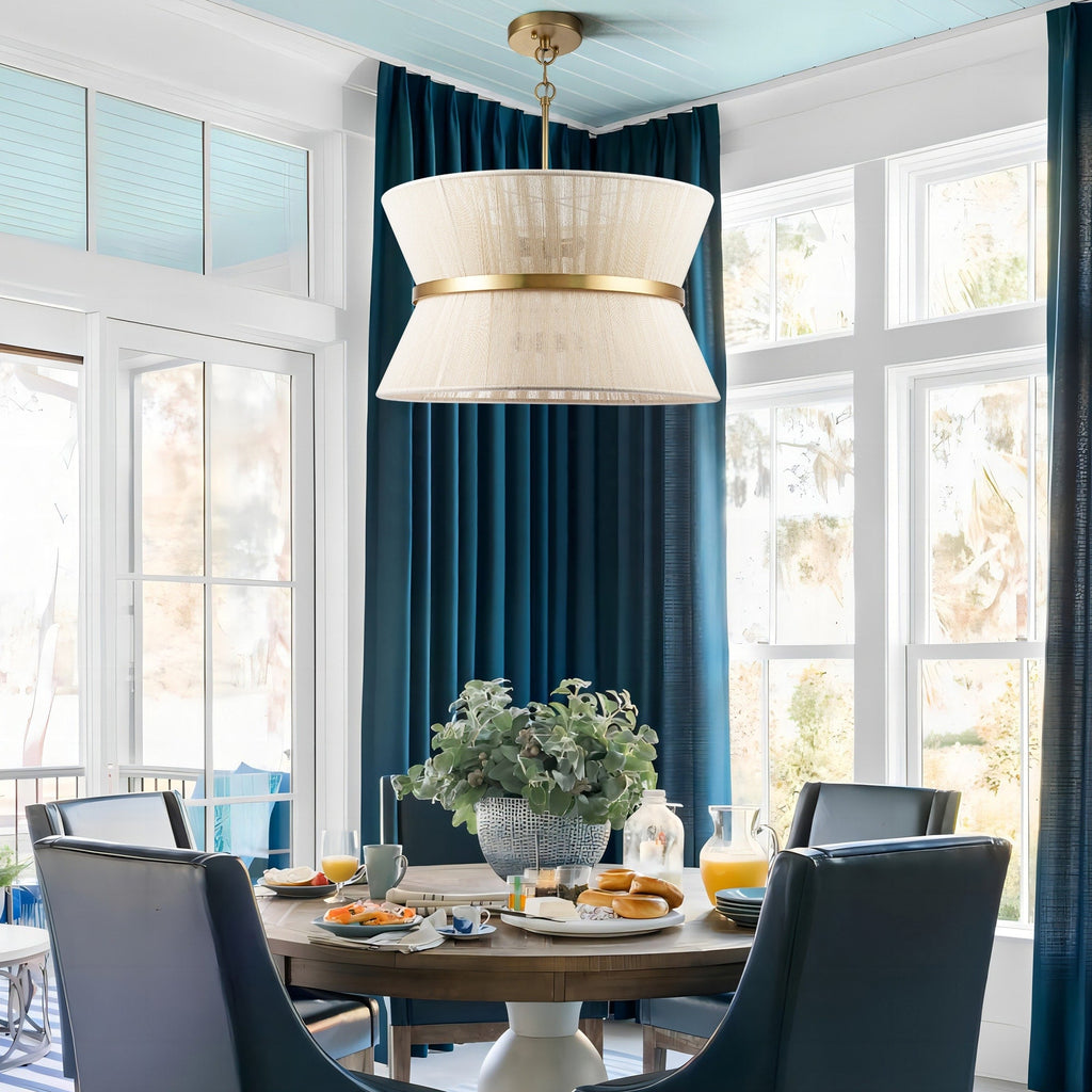 Lustre tambour moderne bohème à 8 lumières, grand modèle de 61 cm (24 pouces), en tissu tissé à la main, forme sablier, coloris or/noir, idéal pour salle à manger/salon.