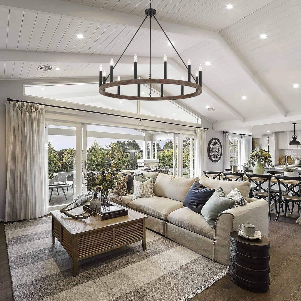 Lustre Acroma style ferme à 12 lumières, forme roue de chariot, 101,6 cm (40 po), homologué UL - Profondeur : 101,6 cm (40 po) ; Hauteur : 350 cm (138 po).