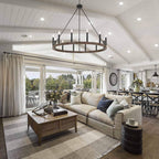 Lustre Acroma style ferme à 12 lumières, forme roue de chariot, 101,6 cm (40 po), homologué UL - Profondeur : 101,6 cm (40 po) ; Hauteur : 350 cm (138 po).