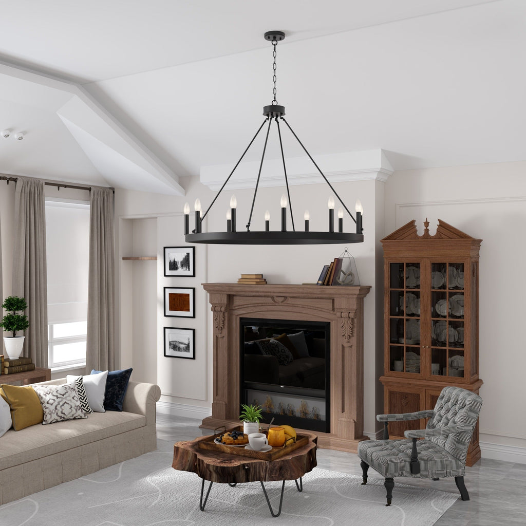 Lustre Acroma style ferme à 12 lumières, forme roue de chariot, 101,6 cm (40 po), homologué UL - Profondeur : 101,6 cm (40 po) ; Hauteur : 350 cm (138 po).