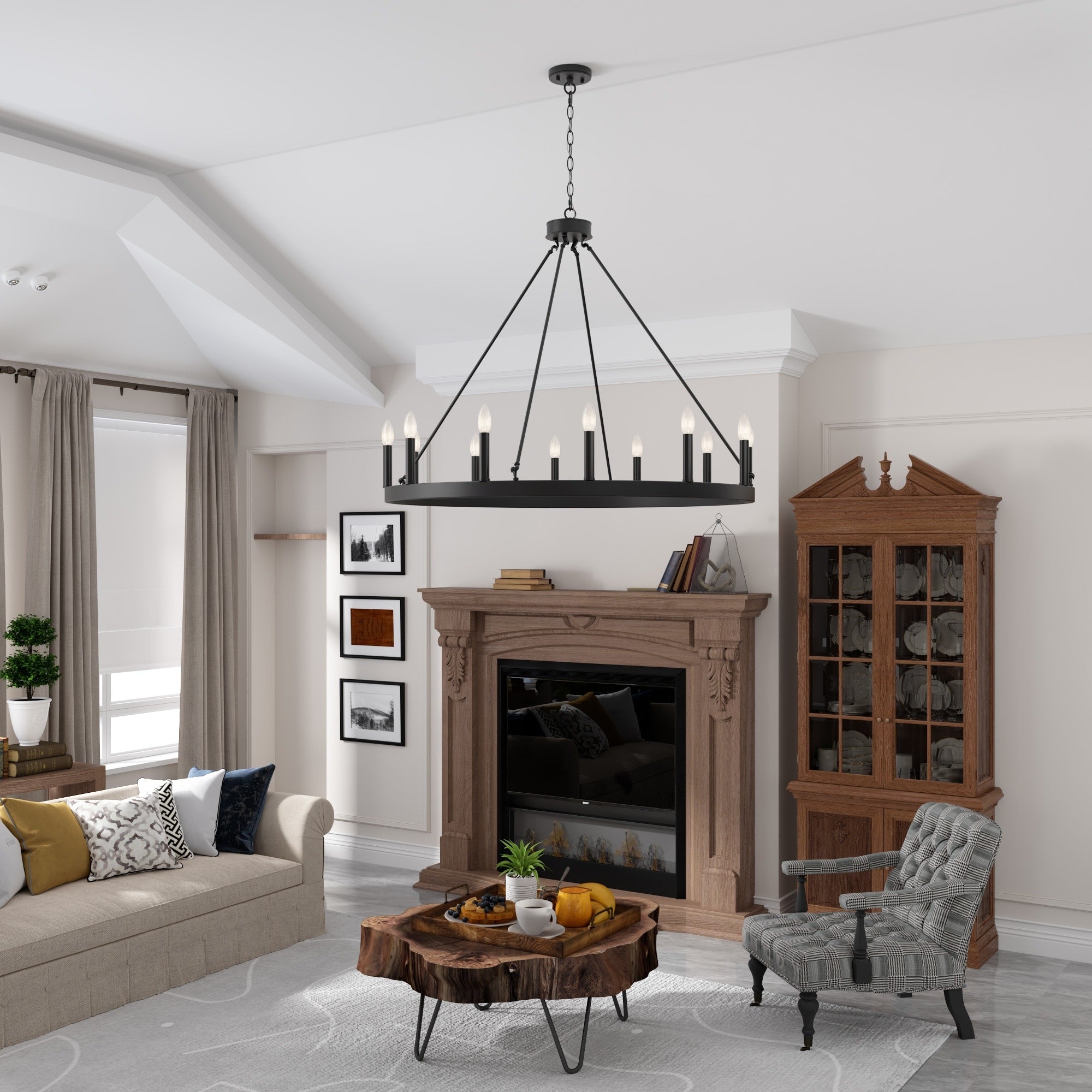 Lustre Acroma style ferme à 12 lumières, forme roue de chariot, 101,6 cm (40 po), homologué UL - Profondeur : 101,6 cm (40 po) ; Hauteur : 350 cm (138 po).