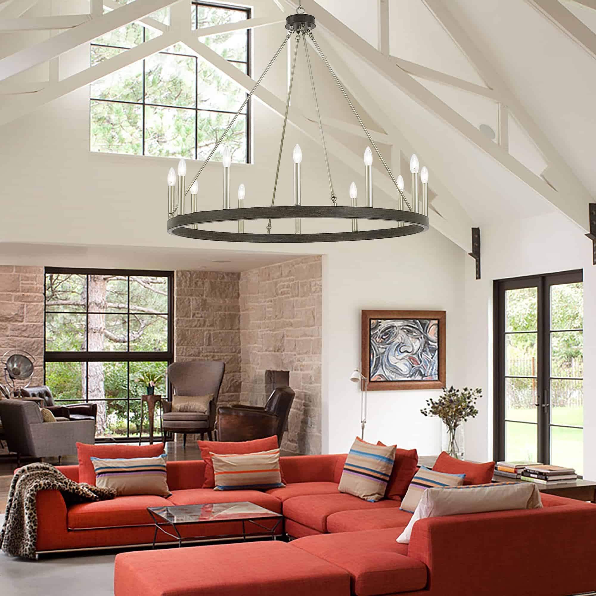 Lustre Acroma style ferme à 12 lumières, forme roue de chariot, 101,6 cm (40 po), homologué UL - Profondeur : 101,6 cm (40 po) ; Hauteur : 350 cm (138 po).