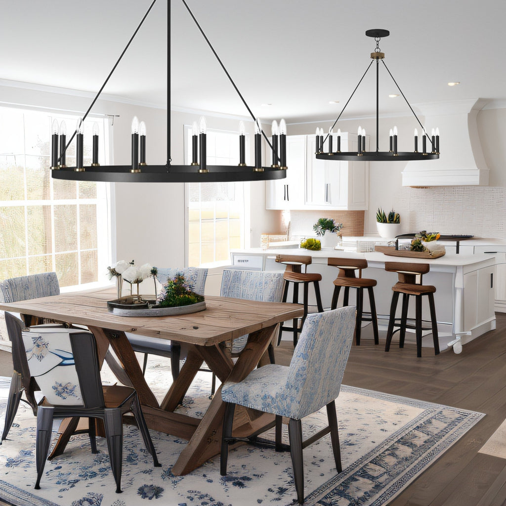 Lustre Acroma style ferme à 12 lumières, forme roue de chariot, 101,6 cm (40 po), homologué UL - Profondeur : 101,6 cm (40 po) ; Hauteur : 350 cm (138 po).