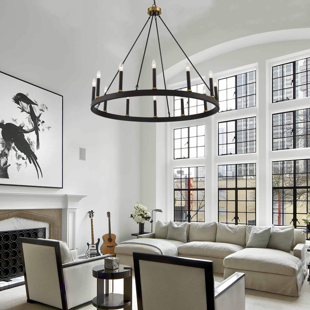 Lustre Acroma style ferme à 12 lumières, forme roue de chariot, 101,6 cm (40 po), homologué UL - Profondeur : 101,6 cm (40 po) ; Hauteur : 350 cm (138 po).