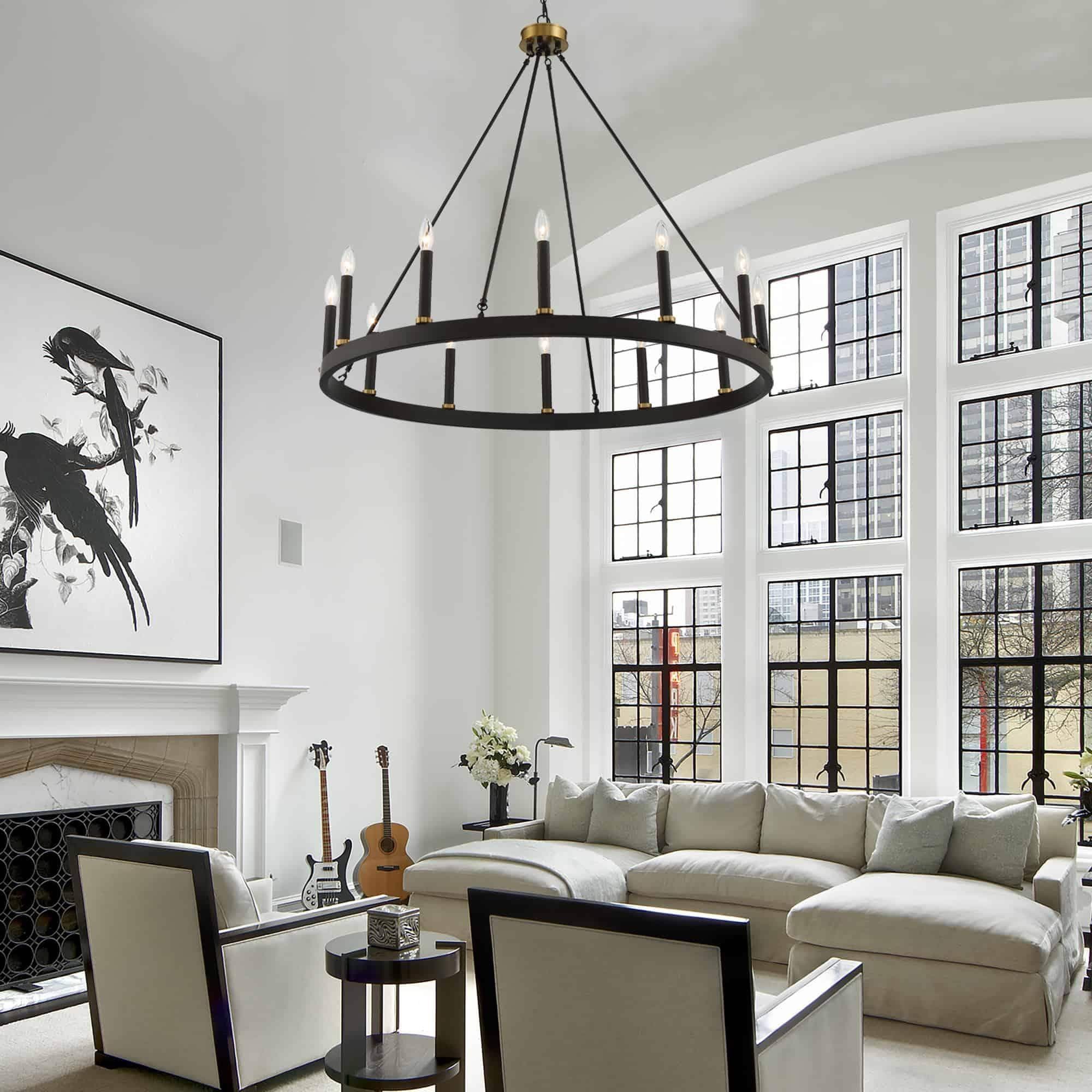 Lustre Acroma style ferme à 12 lumières, forme roue de chariot, 101,6 cm (40 po), homologué UL - Profondeur : 101,6 cm (40 po) ; Hauteur : 350 cm (138 po).