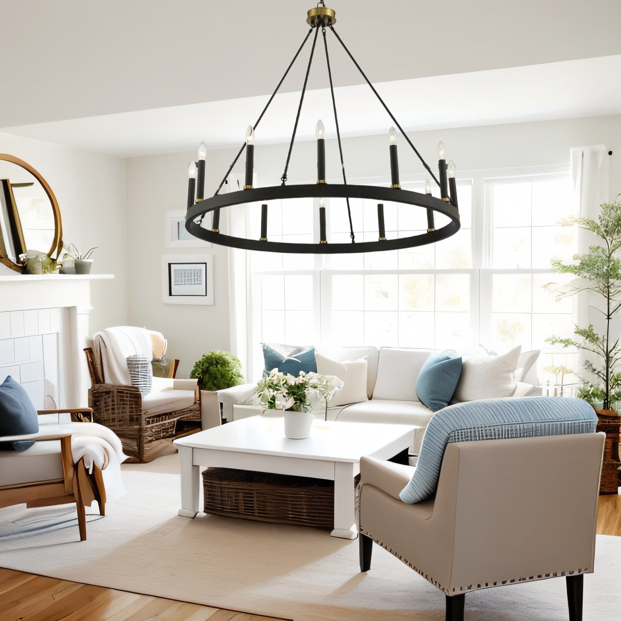 Lustre Acroma style ferme à 12 lumières, forme roue de chariot, 101,6 cm (40 po), homologué UL - Profondeur : 101,6 cm (40 po) ; Hauteur : 350 cm (138 po).