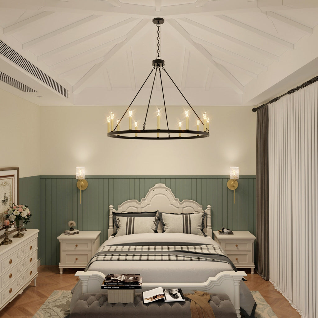 Lustre Acroma style ferme à 12 lumières, forme roue de chariot, 101,6 cm (40 po), homologué UL - Profondeur : 101,6 cm (40 po) ; Hauteur : 350 cm (138 po).