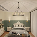 Lustre Acroma style ferme à 12 lumières, forme roue de chariot, 101,6 cm (40 po), homologué UL - Profondeur : 101,6 cm (40 po) ; Hauteur : 350 cm (138 po).