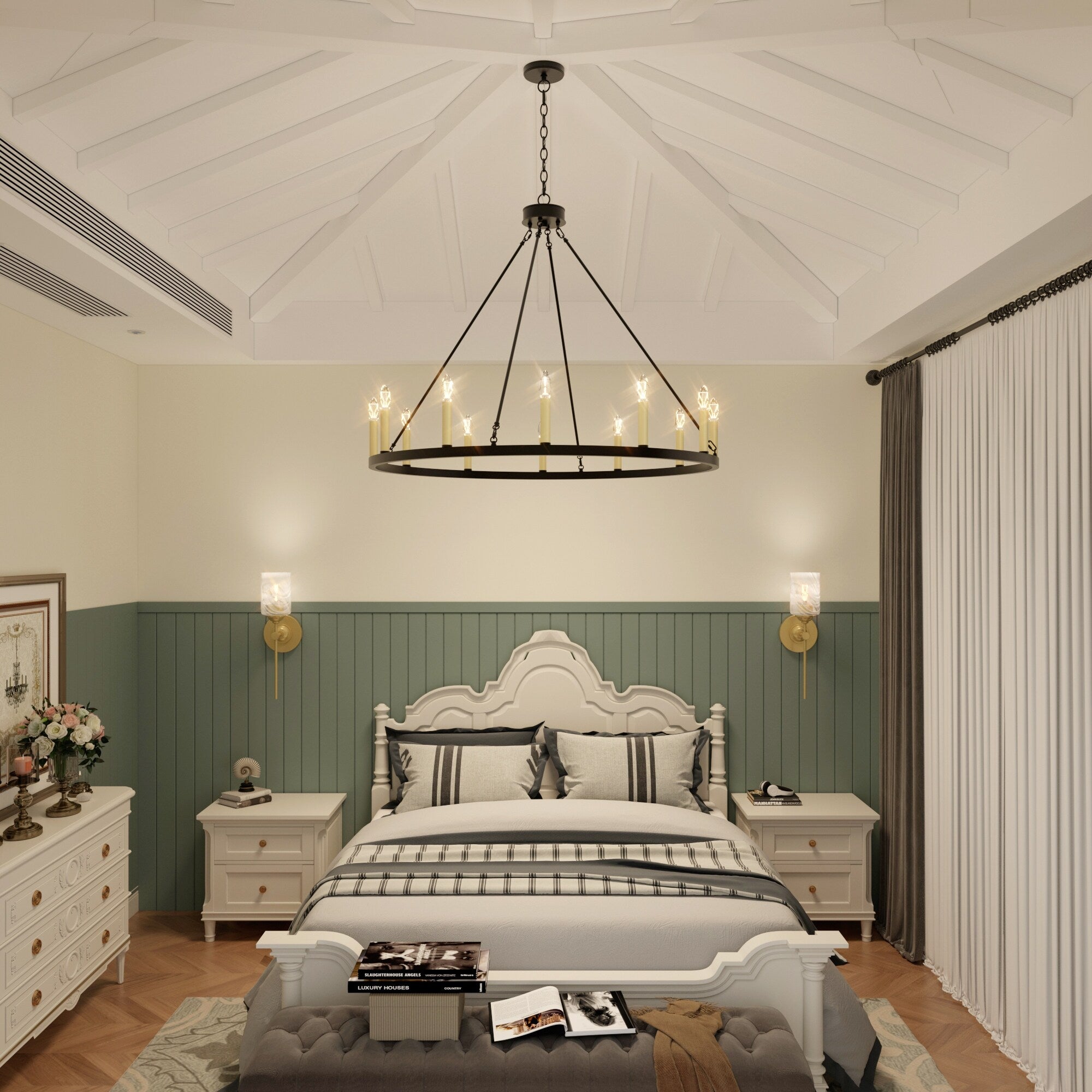 Lustre Acroma style ferme à 12 lumières, forme roue de chariot, 101,6 cm (40 po), homologué UL - Profondeur : 101,6 cm (40 po) ; Hauteur : 350 cm (138 po).