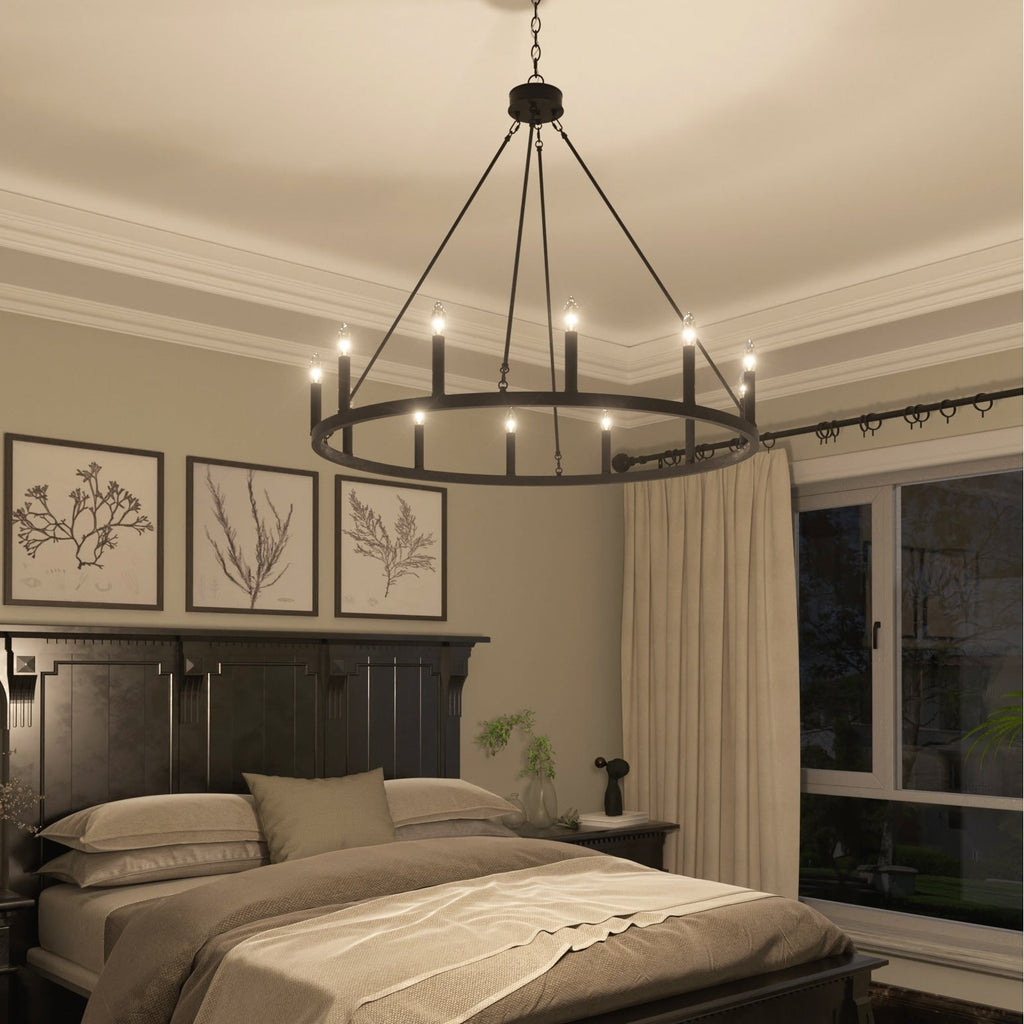 Lustre Acroma style ferme à 12 lumières, forme roue de chariot, 101,6 cm (40 po), homologué UL - Profondeur : 101,6 cm (40 po) ; Hauteur : 350 cm (138 po).