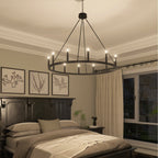 Lustre Acroma style ferme à 12 lumières, forme roue de chariot, 101,6 cm (40 po), homologué UL - Profondeur : 101,6 cm (40 po) ; Hauteur : 350 cm (138 po).