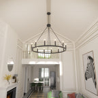 Lustre Acroma style ferme à 12 lumières, forme roue de chariot, 101,6 cm (40 po), homologué UL - Profondeur : 101,6 cm (40 po) ; Hauteur : 350 cm (138 po).