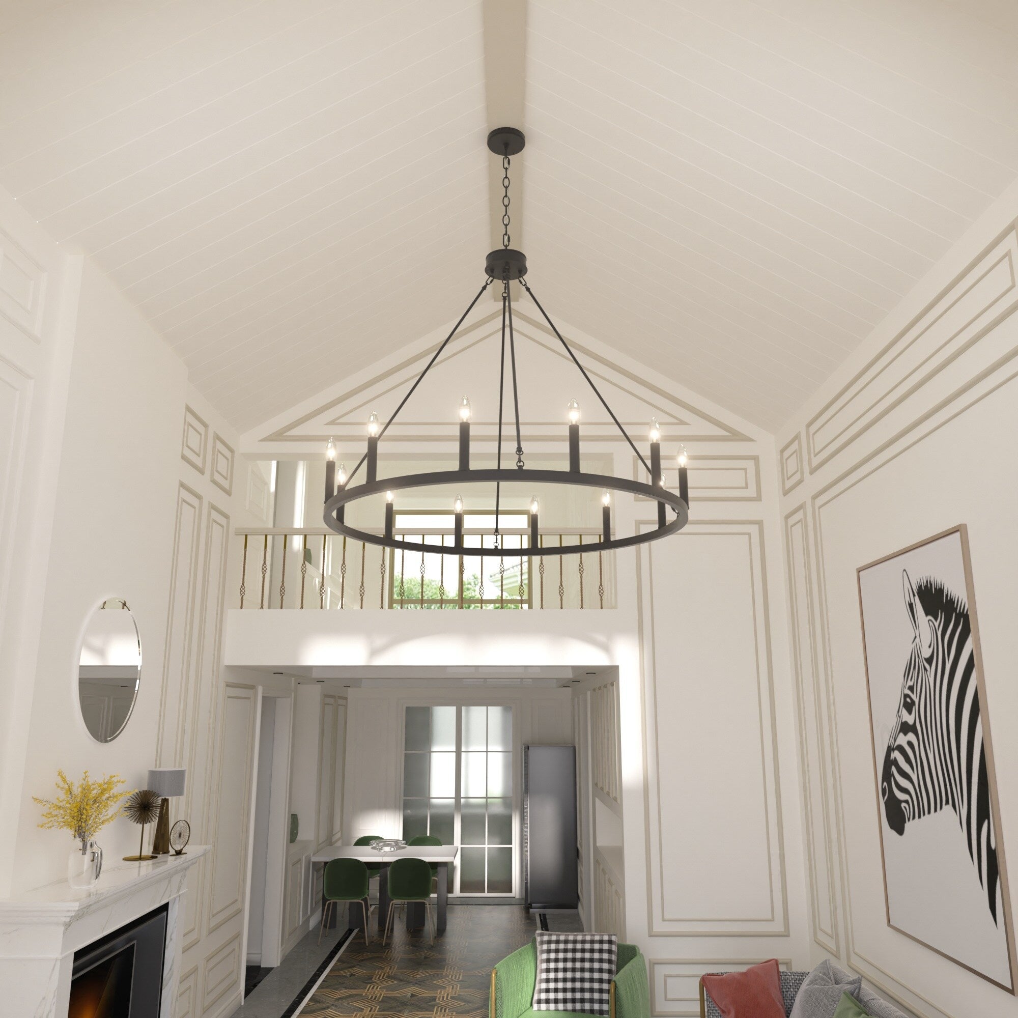 Lustre Acroma style ferme à 12 lumières, forme roue de chariot, 101,6 cm (40 po), homologué UL - Profondeur : 101,6 cm (40 po) ; Hauteur : 350 cm (138 po).