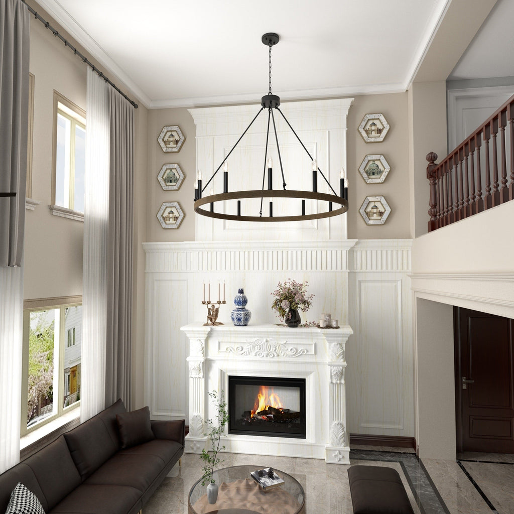 Lustre Acroma style ferme à 12 lumières, forme roue de chariot, 101,6 cm (40 po), homologué UL - Profondeur : 101,6 cm (40 po) ; Hauteur : 350 cm (138 po).